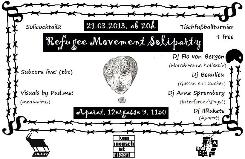 Flyer: Lineup der Refugee Movement Soli Party, 21.3.2013